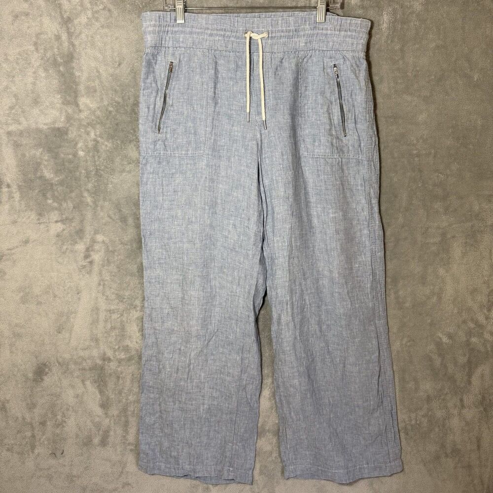 Athleta Cabo Linen Wide Leg Pants Women 12 Tall Light Blue Drawstring Pockets
